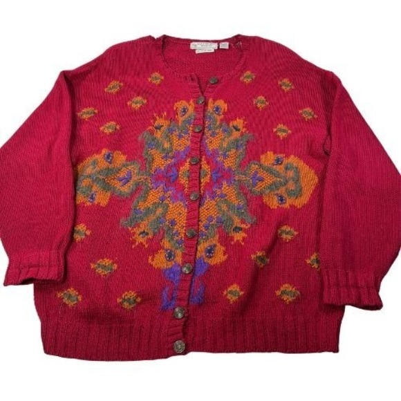 Vintage Evan Picone Sweater Womens Plus 3X Hand Knit Floral Grandpa Boho Hippie - Picture 1 of 8